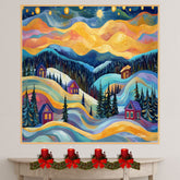 Colorful Christmas Folk Art Landscape with Rolling Snowy Hills, Cozy Cabins, Pine Trees, and a Glowing Sunset Sky on Ready to Hang 1.5" Thick Canvas Wrap, Floating Framed Canvas, Flat Rolled Canvas